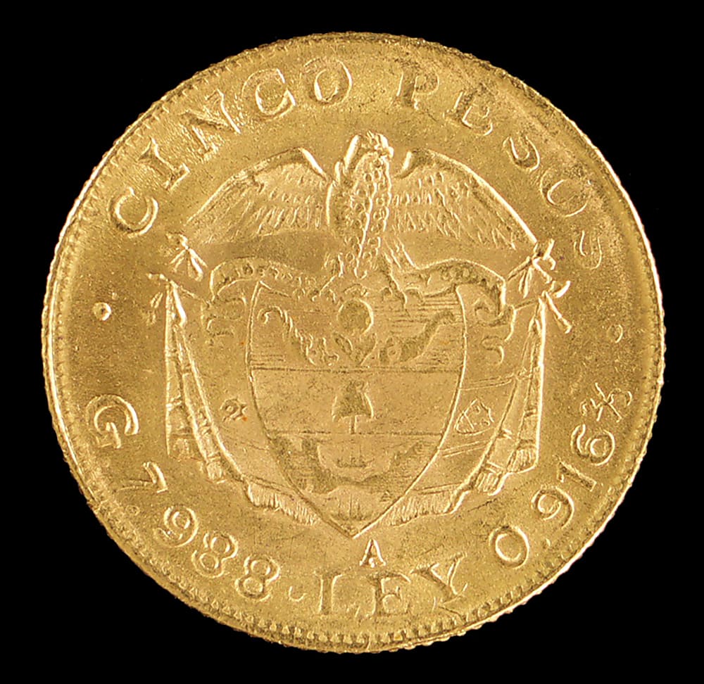 1920 Colombia 5 Pesos Gold Coin
