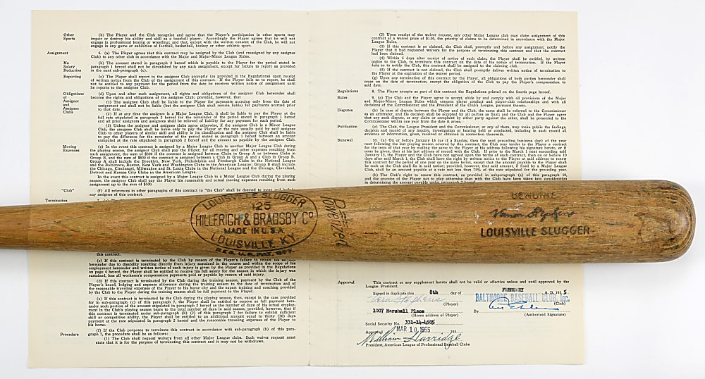 1950's Vern Stephens Game Used Bat & 1955 Uniform Player's Contract Signed by Stephens & Harridge