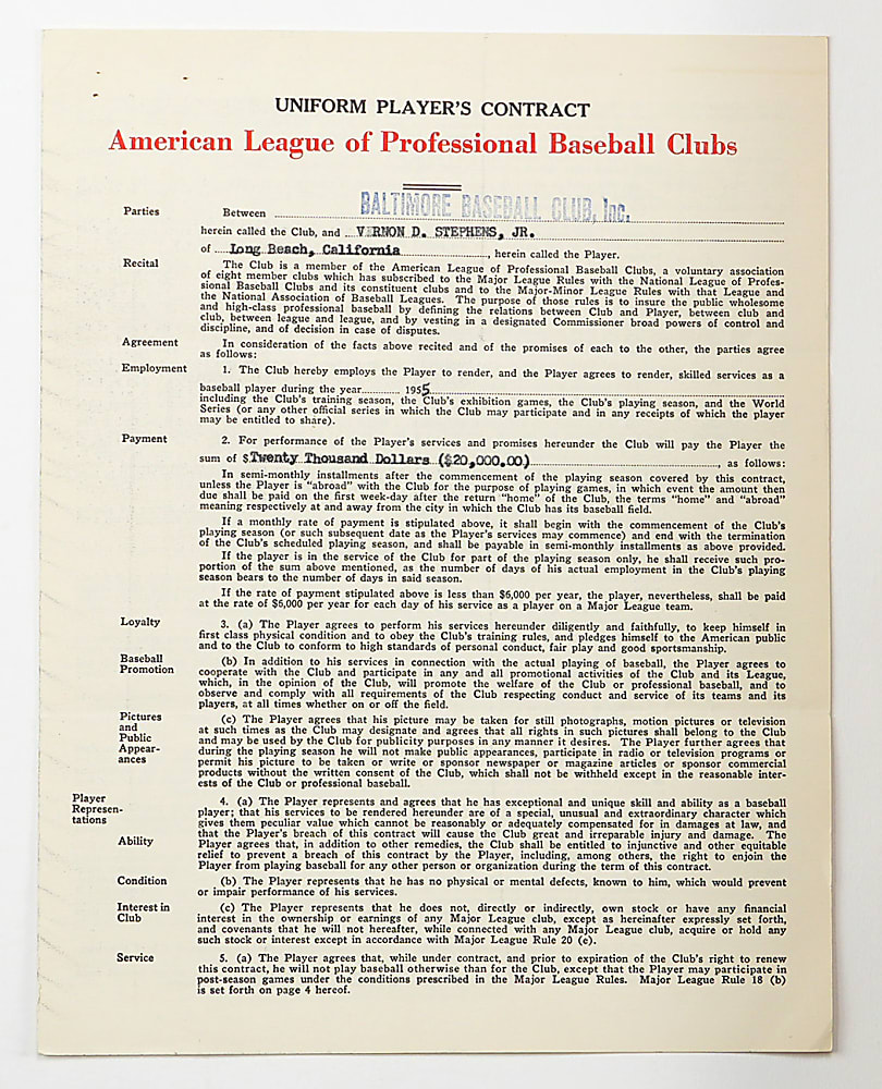 1950's Vern Stephens Game Used Bat & 1955 Uniform Player's Contract Signed by Stephens & Harridge