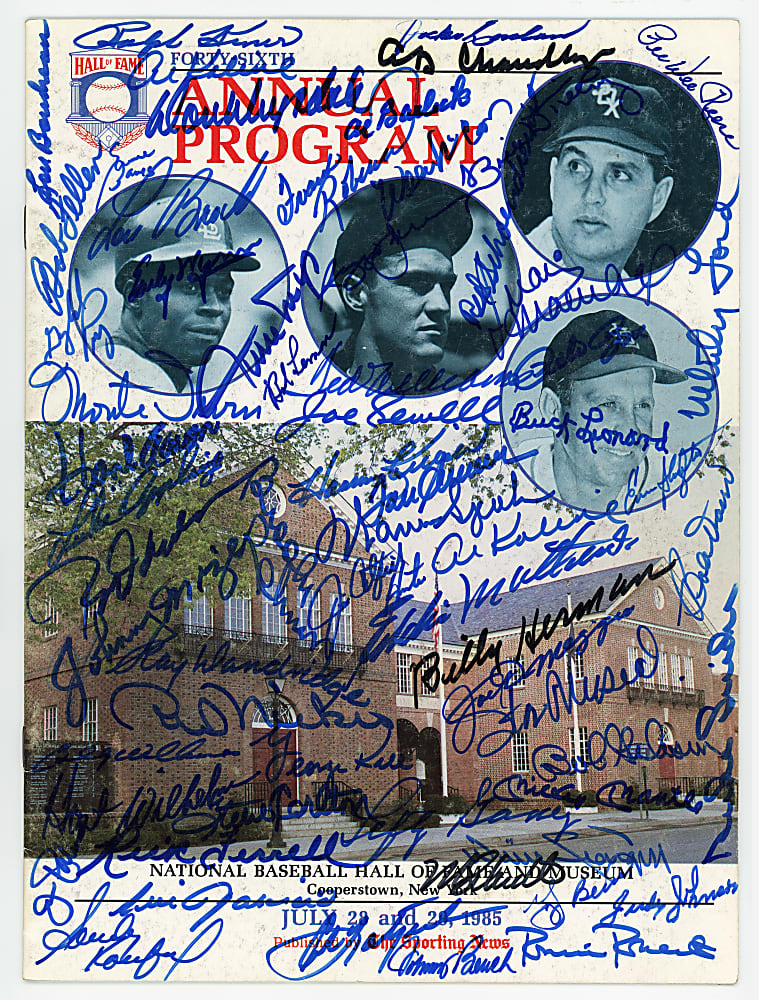 1985 Hall of Fame Program Signed by (60+) With Aaron, DiMaggio, Mantle, Mays, T. Williams