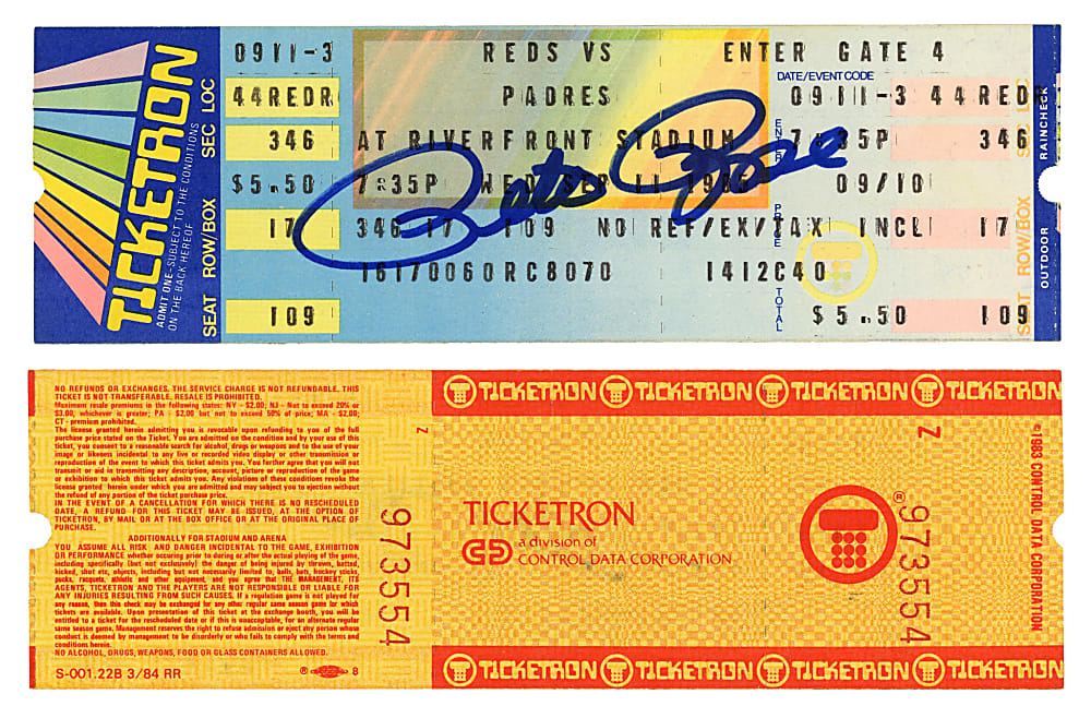 1985 Pete Rose Signed Full Ticket From Record Breaking Career Hit #4,192 Game