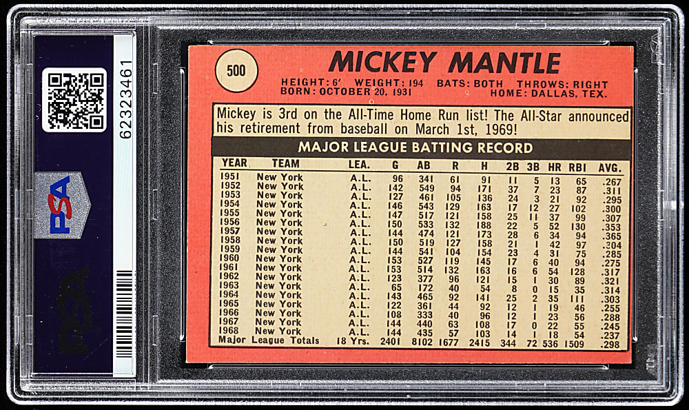 1969 Topps #500 Mickey Mantle PSA NM-MT 8 (mc)