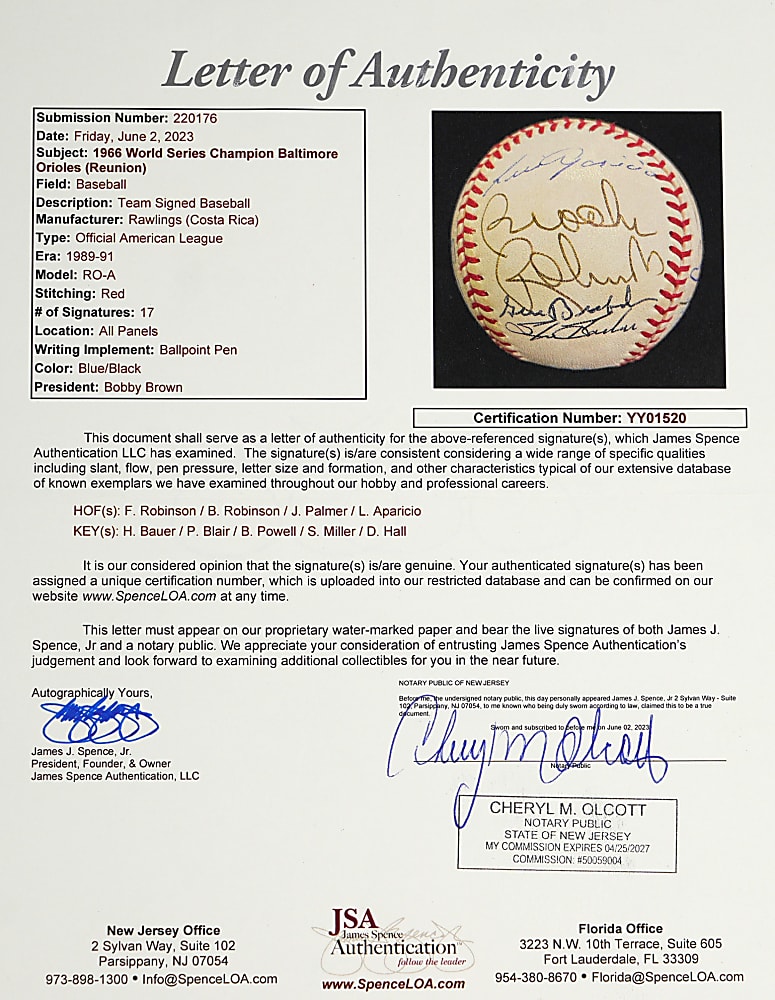 1966 Baltimore Orioles World Series Champions Team-Signed Reunion Baseball (17 Signatures) Including (4) Hall of Famers
