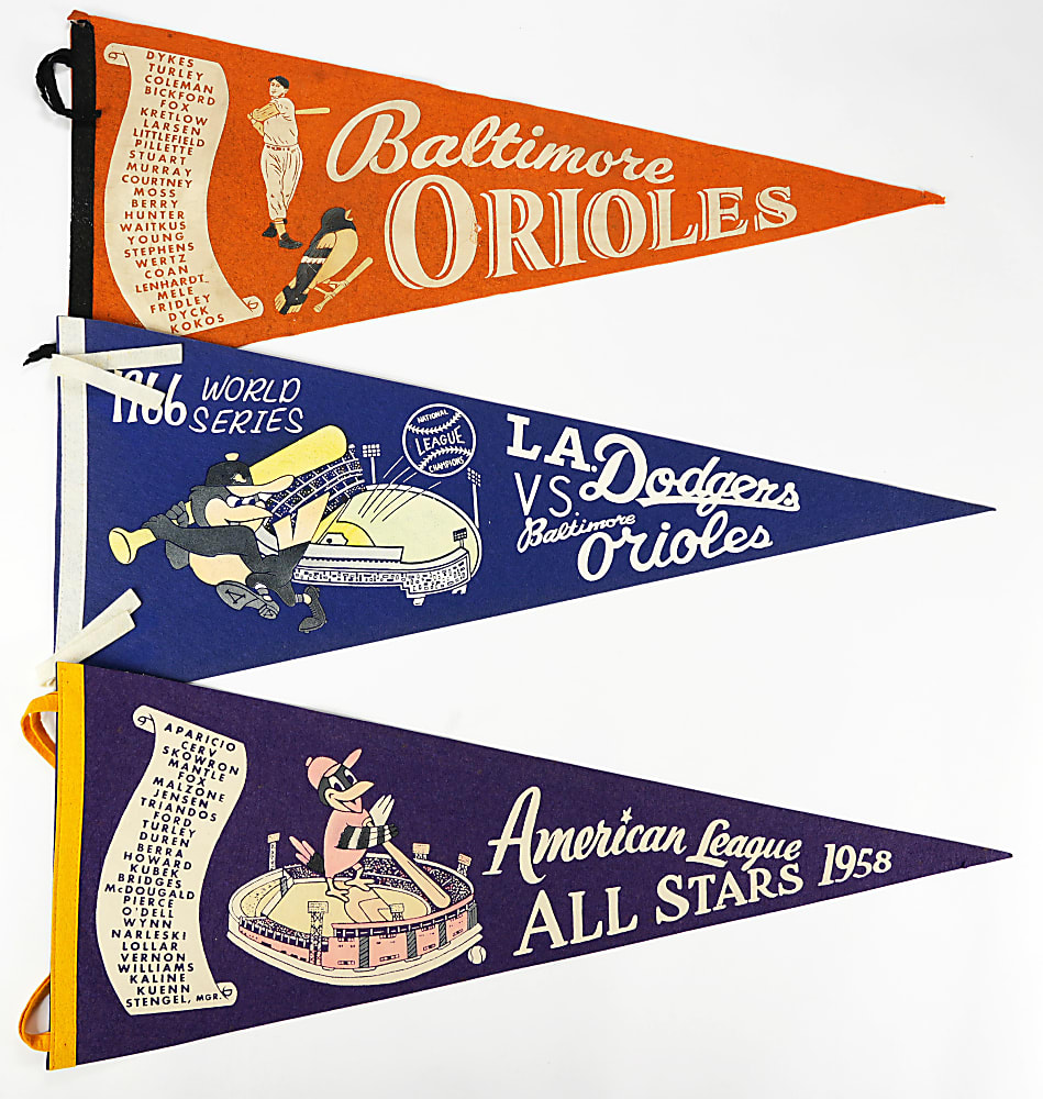 1950s-1960s Baltimore Orioles Pennant Collection (7) with 1954 Inaugural Scroll & (3) 1958 All-Star