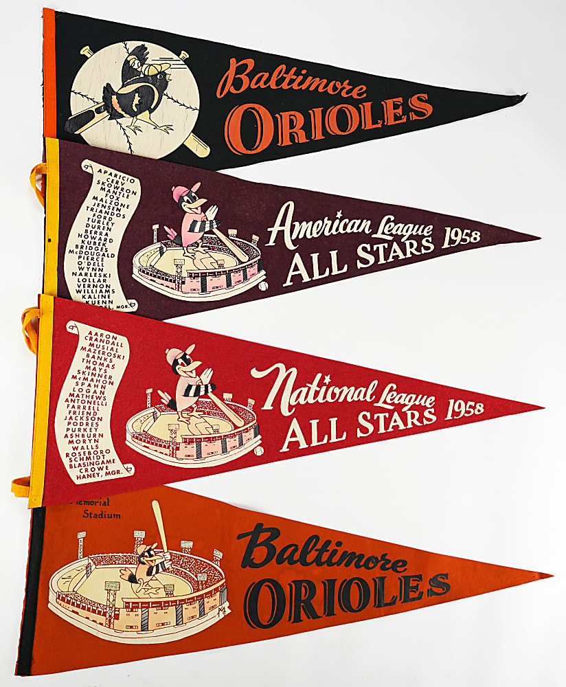 1950s-1960s Baltimore Orioles Pennant Collection (7) with 1954 Inaugural Scroll & (3) 1958 All-Star