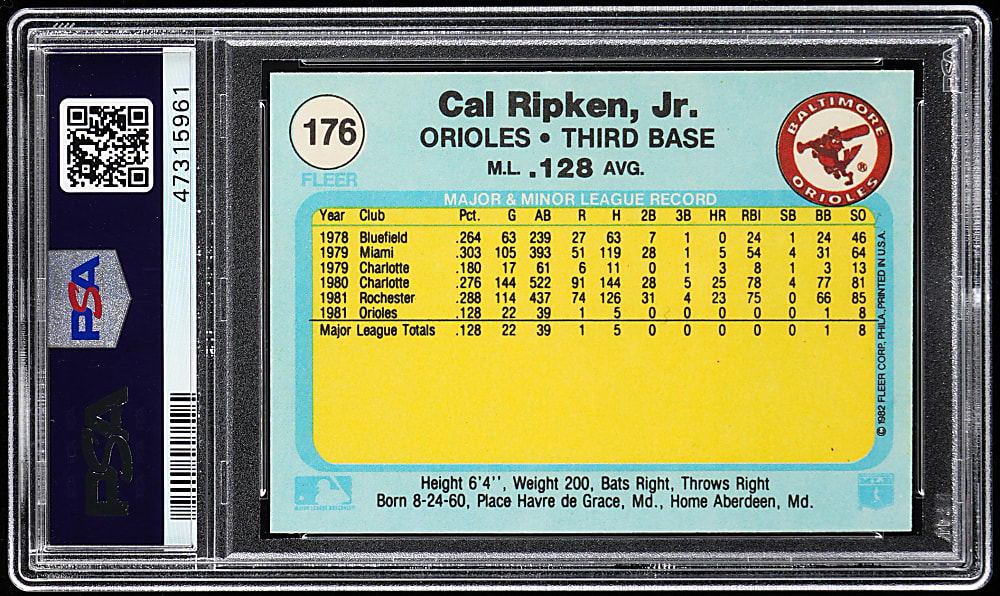 1982 Fleer #176 Cal Ripken Jr. Rookie PSA GEM MINT 10