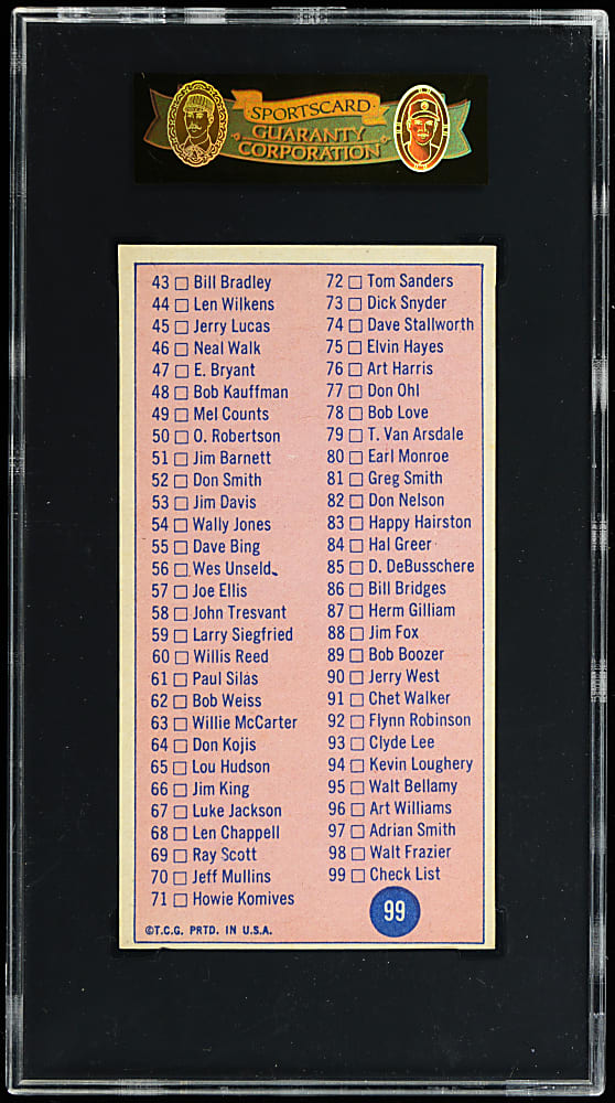 1969-1970 Topps Basketball #99 Checklist SGC NM 7