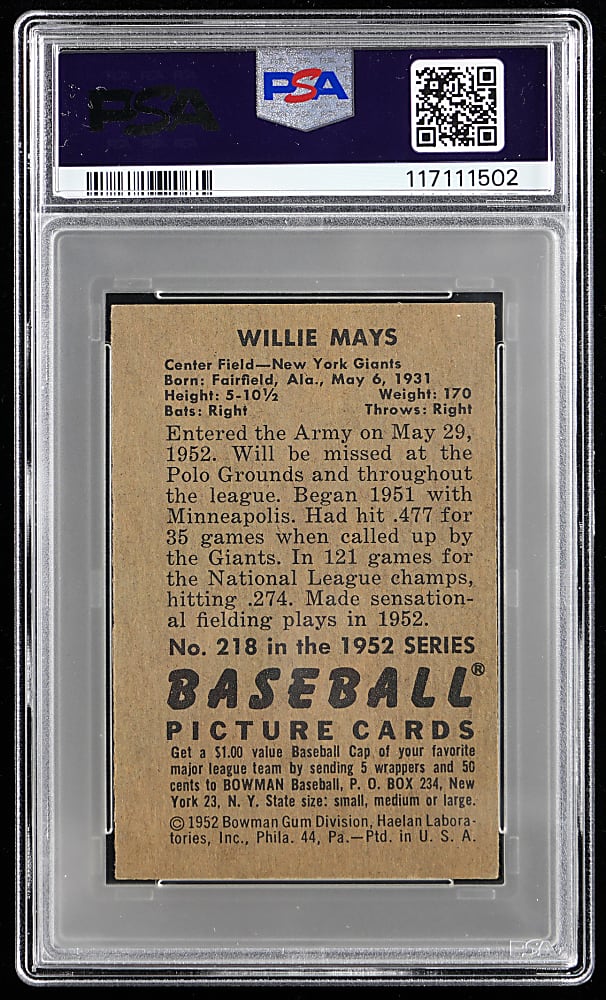 1952 Bowman #218 Willie Mays PSA EX-MT 6