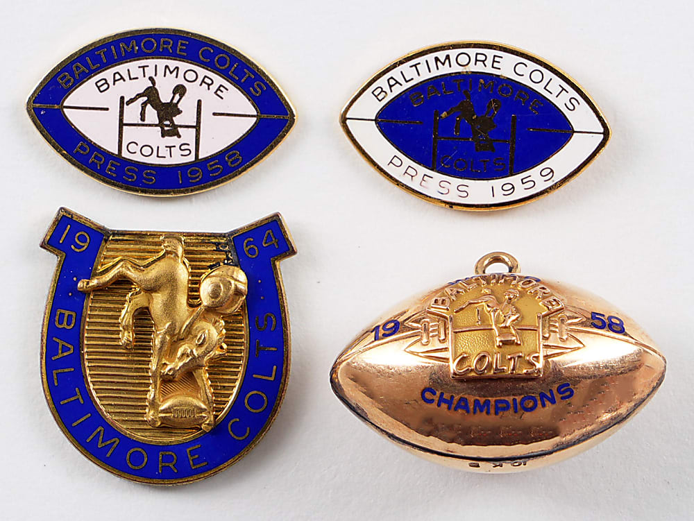 1958-1964 Baltimore Colts NFL Championship Game Press Pins/Charms (4) with Rare 1958 10K Gold Football Pendant