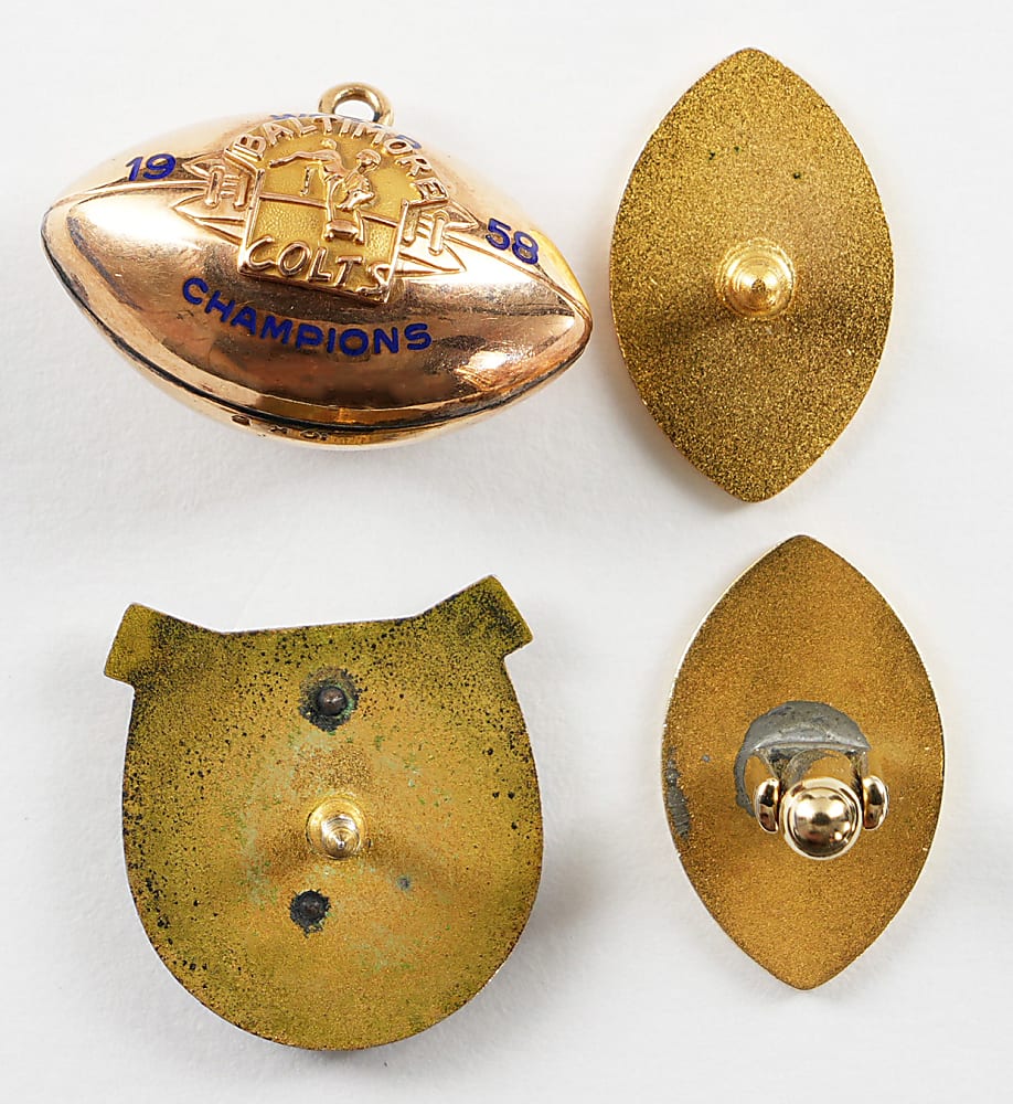 1958-1964 Baltimore Colts NFL Championship Game Press Pins/Charms (4) with Rare 1958 10K Gold Football Pendant