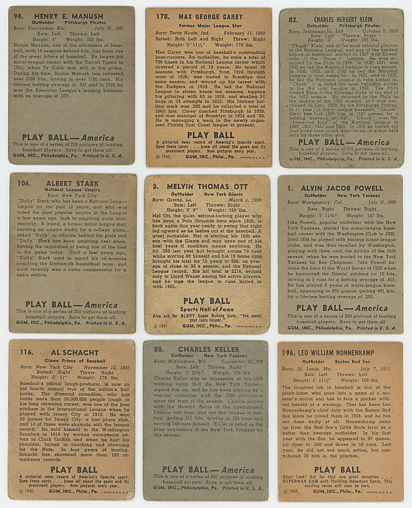 1939-1941 Play Ball Collection (170) with (4) Hall of Famers Including Mel Ott