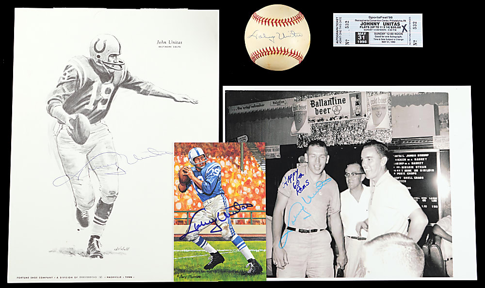 Johnny Unitas Signed Quartet With 1997 Goal Line Art & Single-Signed Baseball