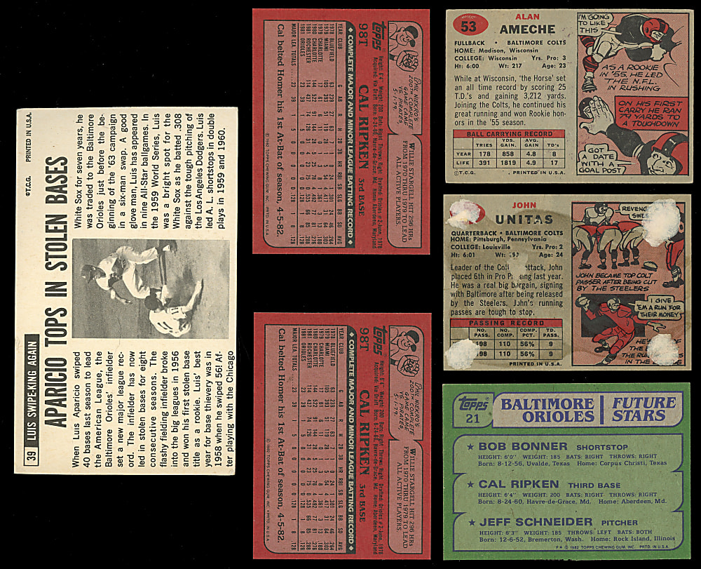 1957-1982 Baltimore Legends (6) with 1957 Topps #138 Unitas Rookie, #53 Ameche Signed & (2) 1982 Topps Traded #98T Ripken Jr. Rookies