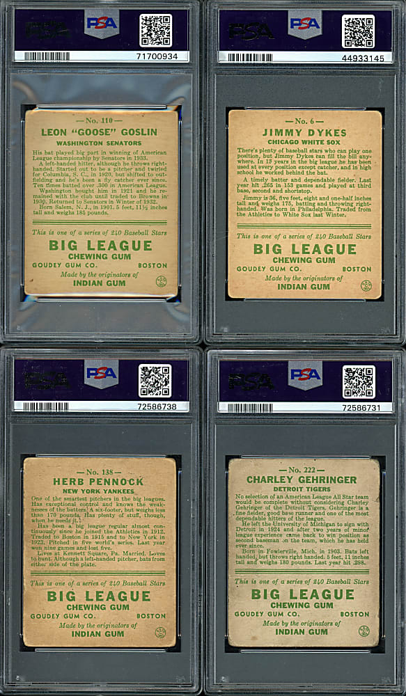 1933 Goudey PSA Graded Group (4) with Gehringer, Goslin & Pennock