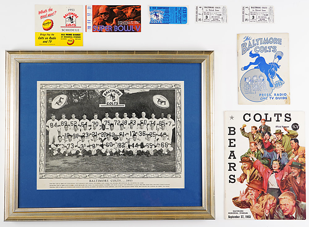 1953-1970s Baltimore Colts Treasure Chest (37) with 1953 First Year Items, NFL Championship Tickets & 1958-1959 Attleboro China