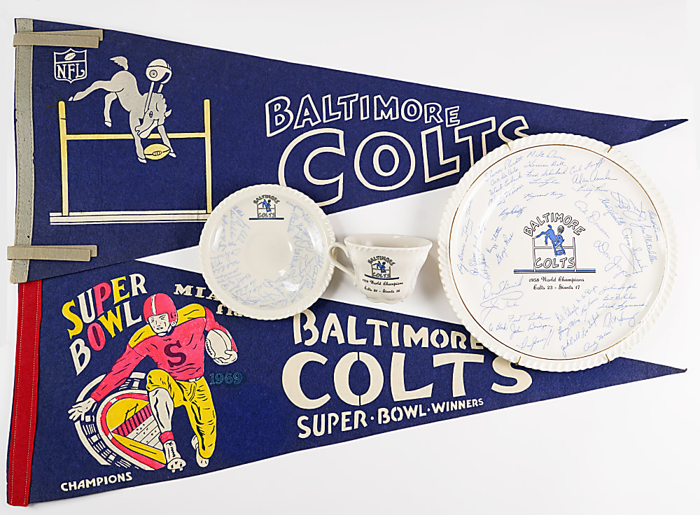 1953-1970s Baltimore Colts Treasure Chest (37) with 1953 First Year Items, NFL Championship Tickets & 1958-1959 Attleboro China