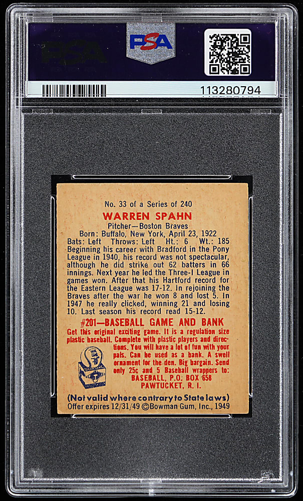 1949 Bowman #33 Warren Spahn PSA EX+ 5.5