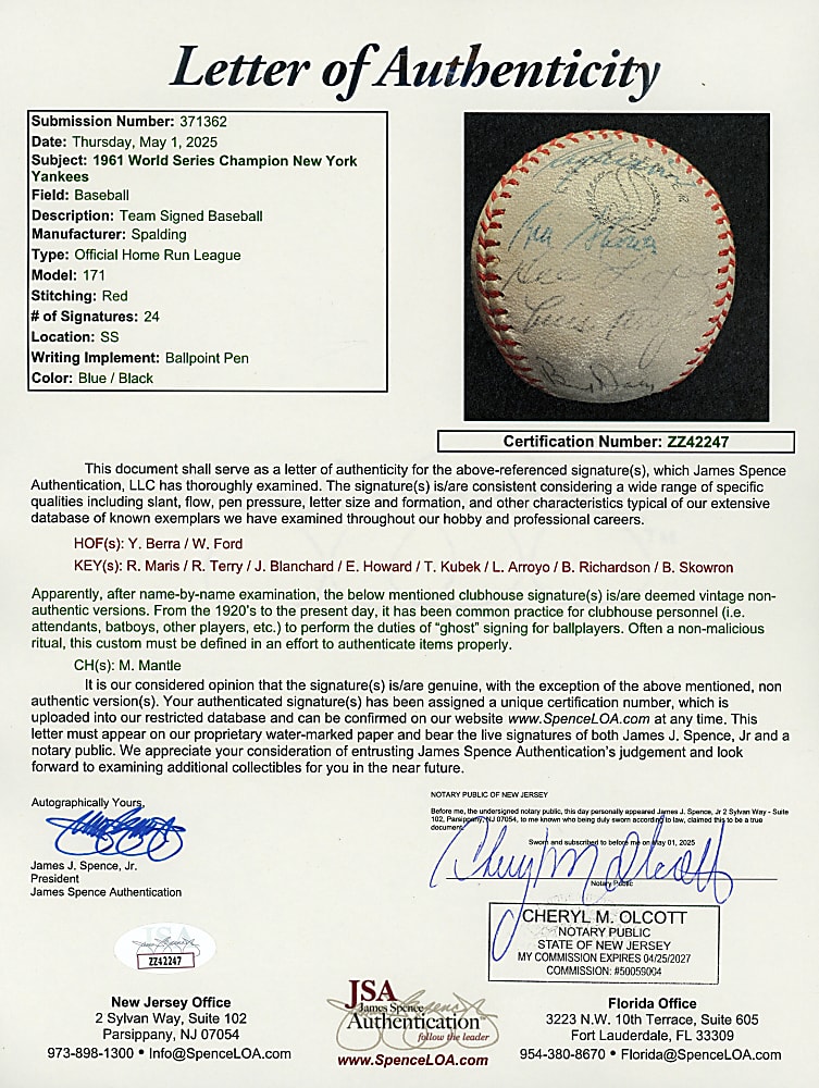 1961 World Series Champion New York Yankees Team-Signed Baseball with (24) Signatures - Full JSA LOA