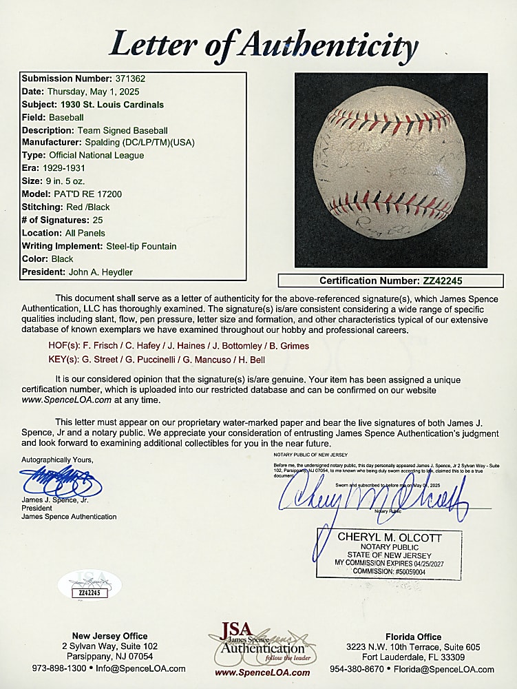 1930 National League Champion St. Louis Cardinals Team-Signed ONL/Heydler Baseball with Hall of Famers Frisch, Hafey, Grimes, Bottomley & Haines - Full JSA LOA