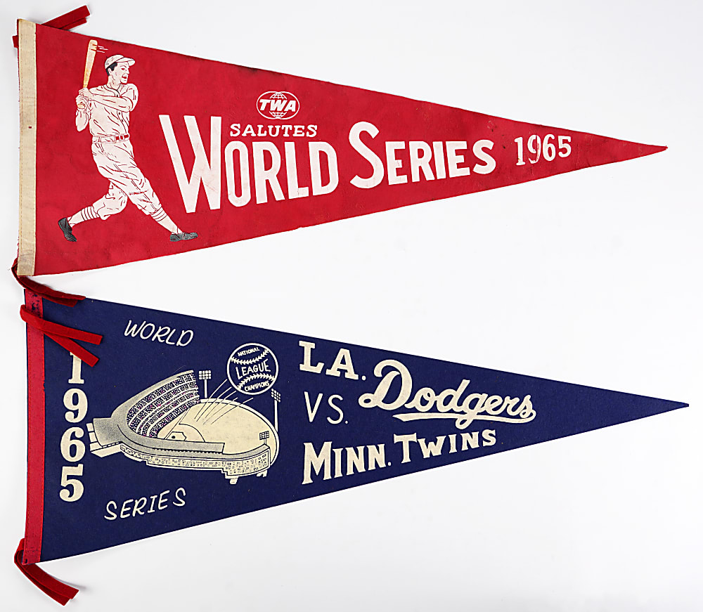 1965 Los Angeles Dodgers World Series Souvenir Selection (5) with Ticket Stub, Program, Bobblehead & (2) Pennants