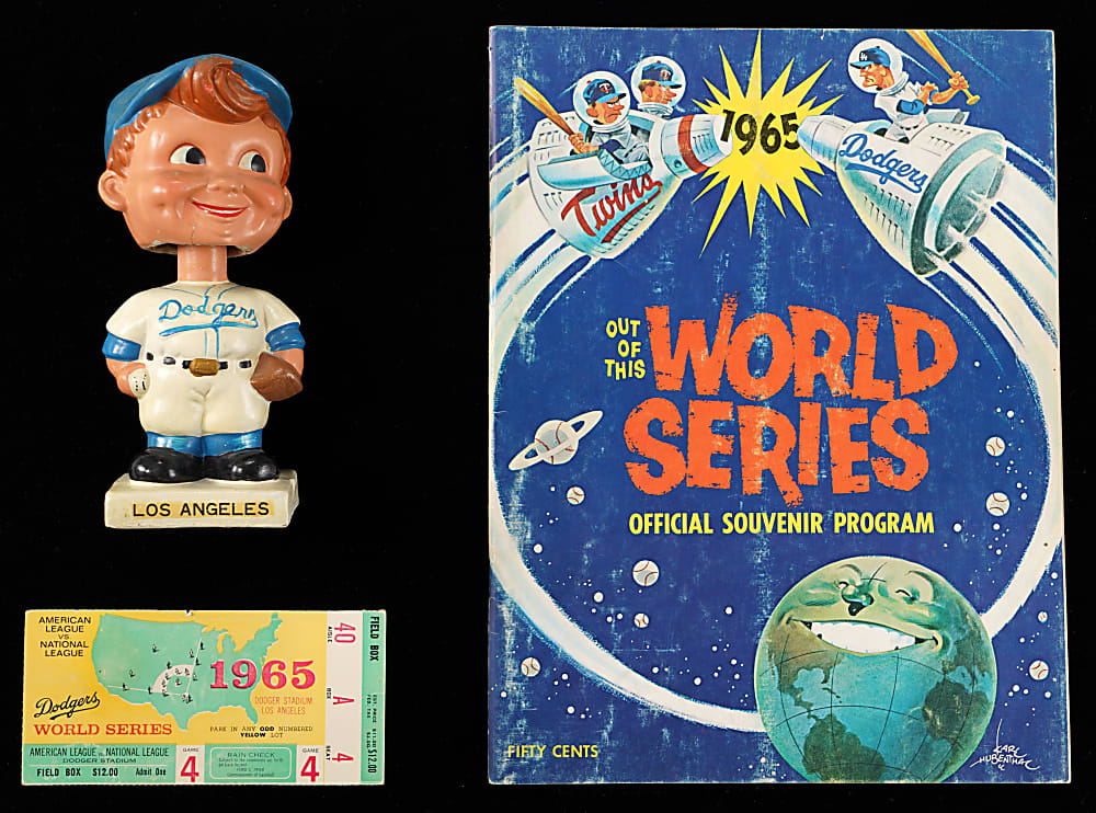 1965 Los Angeles Dodgers World Series Souvenir Selection (5) with Ticket Stub, Program, Bobblehead & (2) Pennants