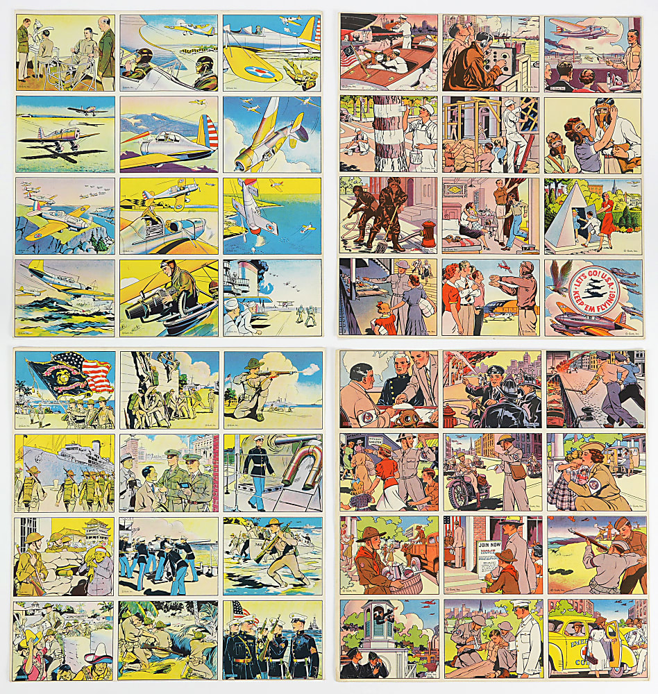 1941 R157 Uncle Sam/R158 Uncle Sam's Home Defense Uncut Paper Sheets (6) with 72 Total Cards - Scarce