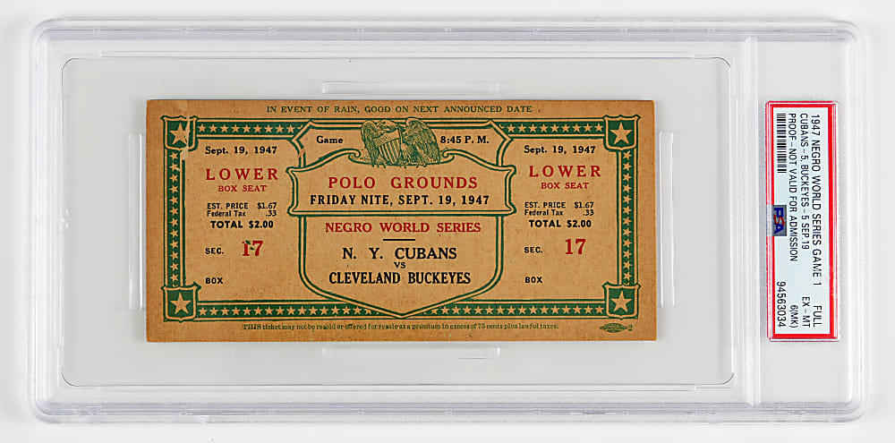 1947 Negro League World Series Game 1 Full Ticket Proof PSA EX-MT 6 (MK) - "1 of 1" Highest Graded Example