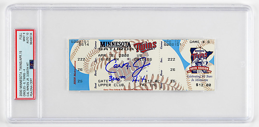 2000 Cal Ripken Jr. Signed and Inscribed 3000th Hit Full Ticket - PSA MINT 9/AUTO 10