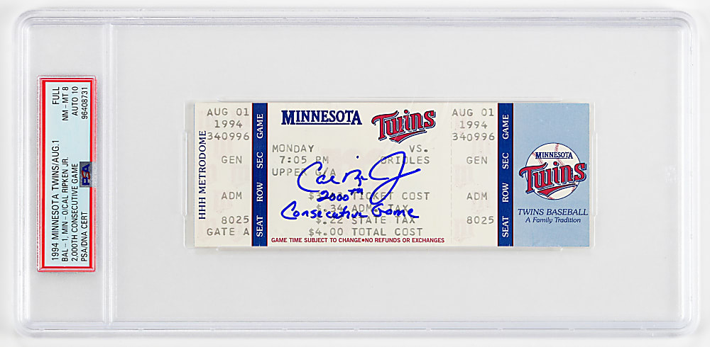 1994 Cal Ripken Jr. Signed & Inscribed 2000th Consecutive Game Full Ticket - PSA NM-MT 8/AUTO 10