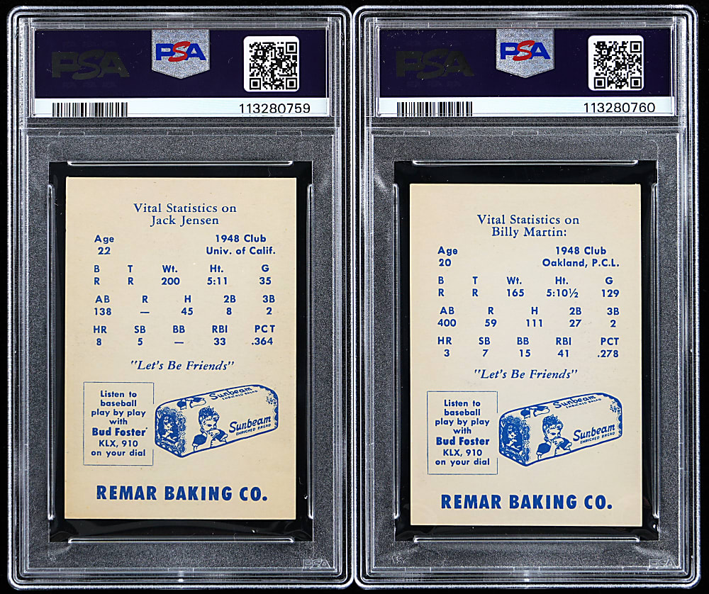 1949 Remar Bread Oakland Oaks PSA NM 7 Graded Pair with Billy Martin & Jackie Jensen