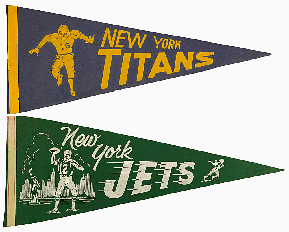 1960s New York Titans/Jets Rare AFL Pennants (2) with First Pennant & Joe Namath/Statue of Liberty