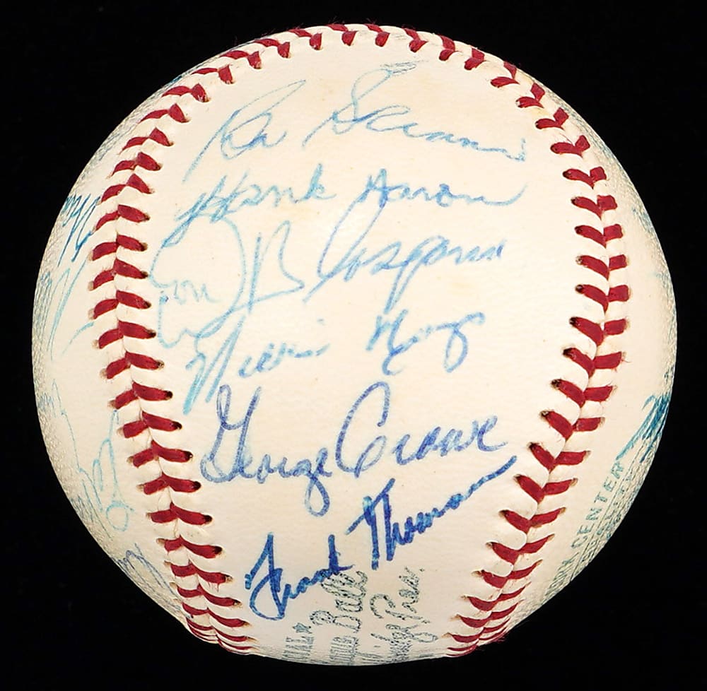 1958 National League All-Stars Team-Signed OAL/Harridge Baseball with (7) Hall of Famers Including Aaron, Banks & Mays