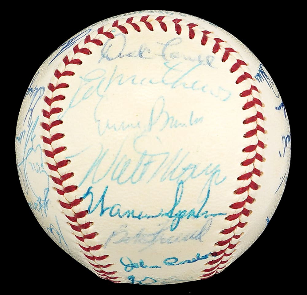 1958 National League All-Stars Team-Signed OAL/Harridge Baseball with (7) Hall of Famers Including Aaron, Banks & Mays