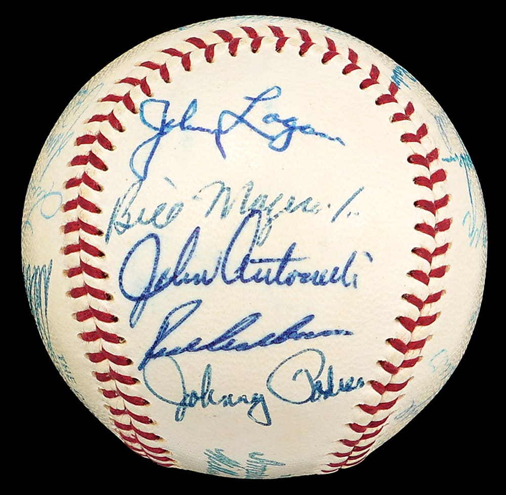 1958 National League All-Stars Team-Signed OAL/Harridge Baseball with (7) Hall of Famers Including Aaron, Banks & Mays