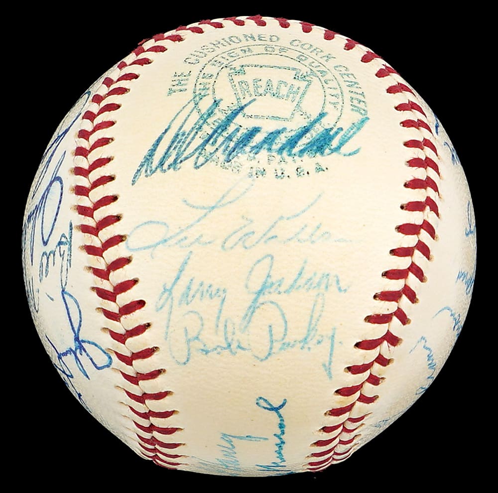 1958 National League All-Stars Team-Signed OAL/Harridge Baseball with (7) Hall of Famers Including Aaron, Banks & Mays