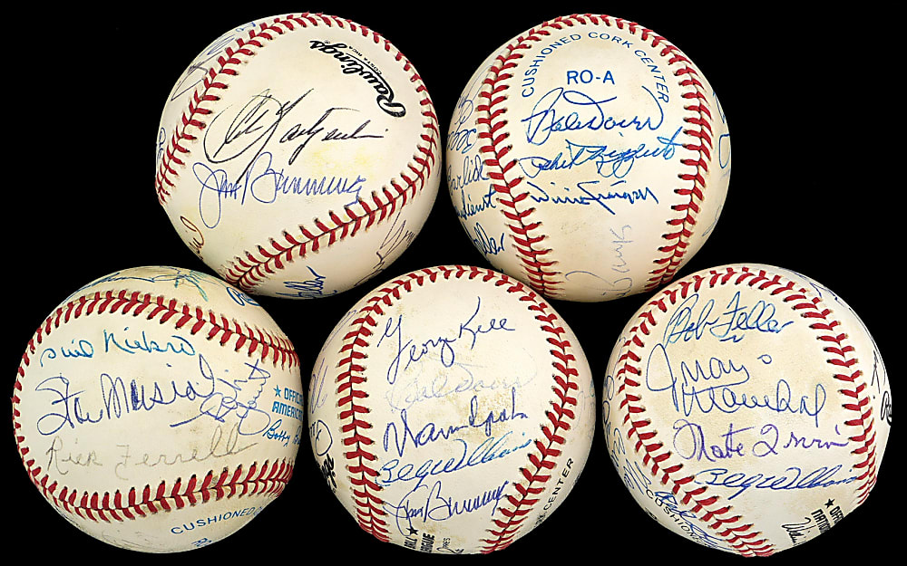 Multi-Signed Hall of Fame Baseball Group (5) with (76) Total Signatures Including (3) Hank Aaron, Ted Williams