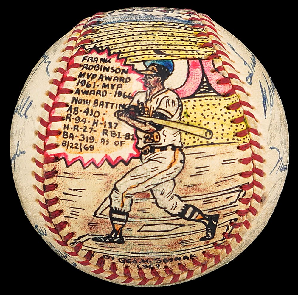 1969 Baltimore Orioles Team-Signed George Sosnak Hand-Painted Folk Art Baseball with Frank Robinson, Brooks Robinson & Earl Weaver