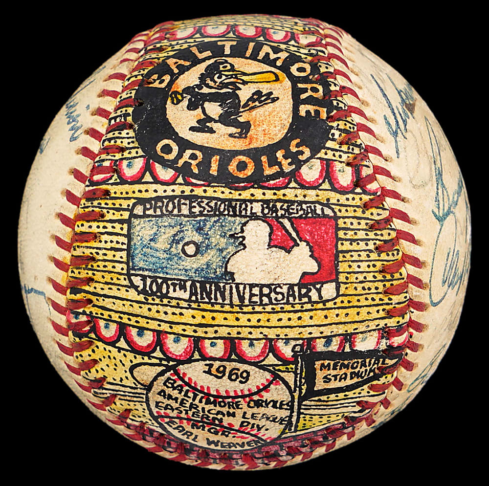 1969 Baltimore Orioles Team-Signed George Sosnak Hand-Painted Folk Art Baseball with Frank Robinson, Brooks Robinson & Earl Weaver