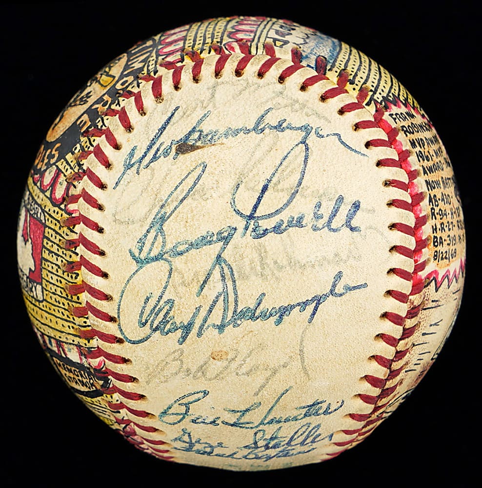 1969 Baltimore Orioles Team-Signed George Sosnak Hand-Painted Folk Art Baseball with Frank Robinson, Brooks Robinson & Earl Weaver