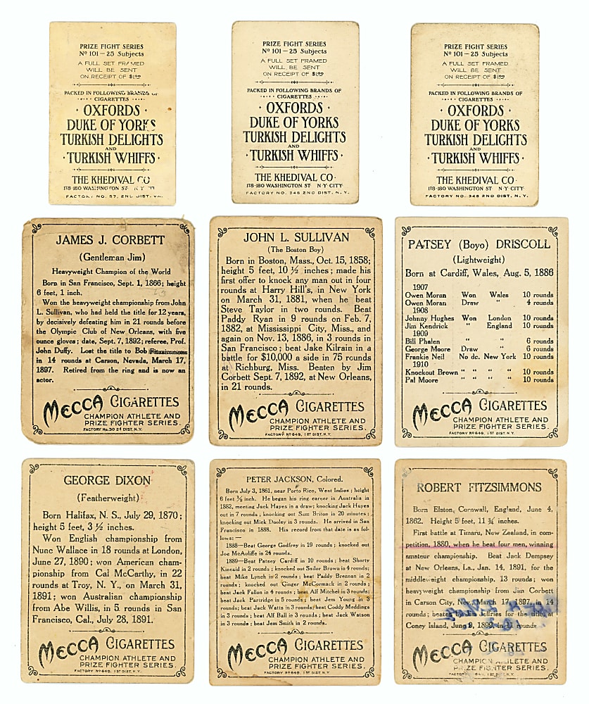 1910 T220 Mecca Prizefighters Near Set (48/50) & 1910 T225 Khedival Prizefighters Partial Set (17/25) Plus (5) Duplicates - (70) Total Cards