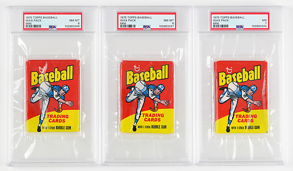 1975 Topps Mini Unopened Wax Pack PSA Graded Trio - All PSA NM 7- PSA NM-MT 8