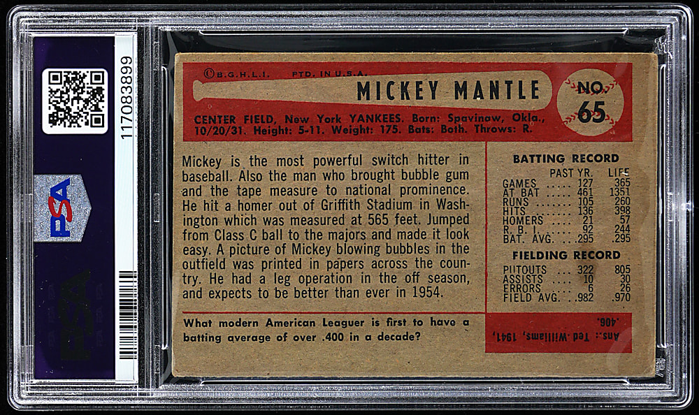1954 Bowman #65 Mickey Mantle PSA GOOD+ 2.5