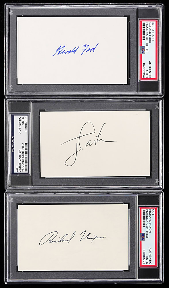 PSA/DNA Authenticated Boldly Signed Presidential Index Cards (3) with Nixon, Ford & Carter
