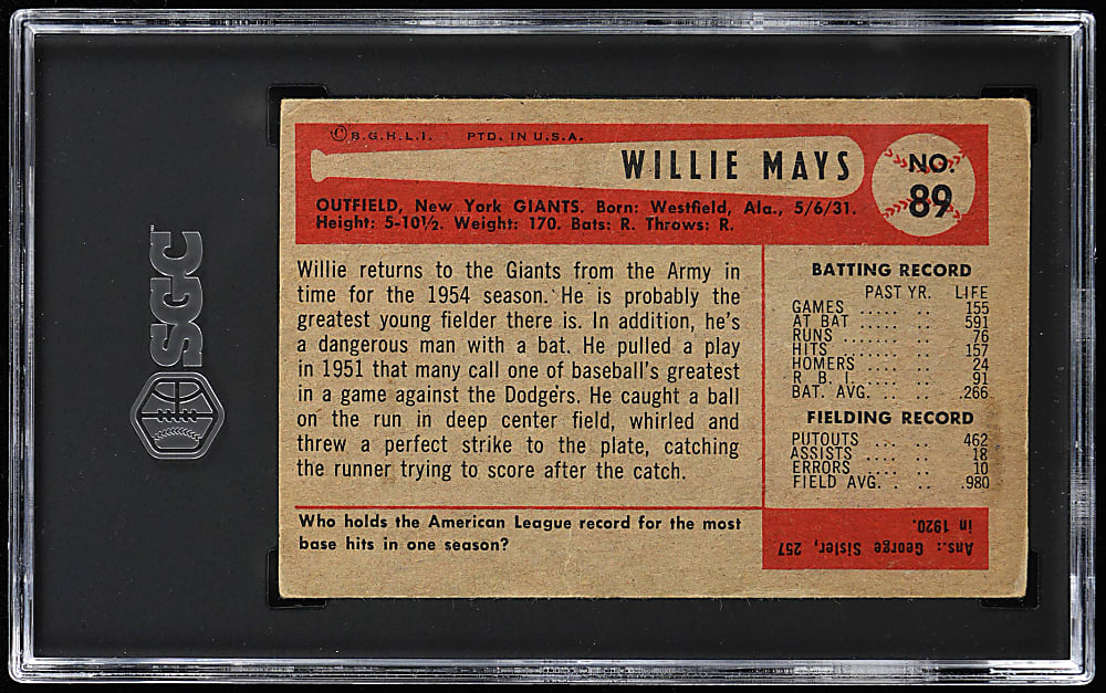 1954 Bowman #89 Willie Mays SGC GOOD+ 2.5