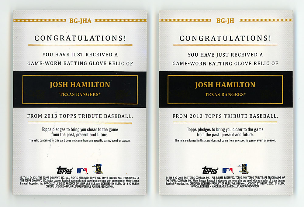 2013 Topps Tribute Josh Hamilton Game-Worn Batting Gloves Relics Set with #1/2 & #2/2