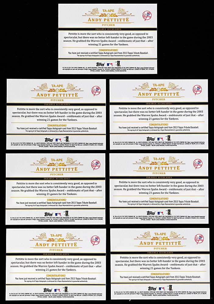 2013 Topps Tribute Andy Pettitte Certified Autograph Near Set (4/6) Plus (3) #1/1 Signed Printing Plates - (7) Total