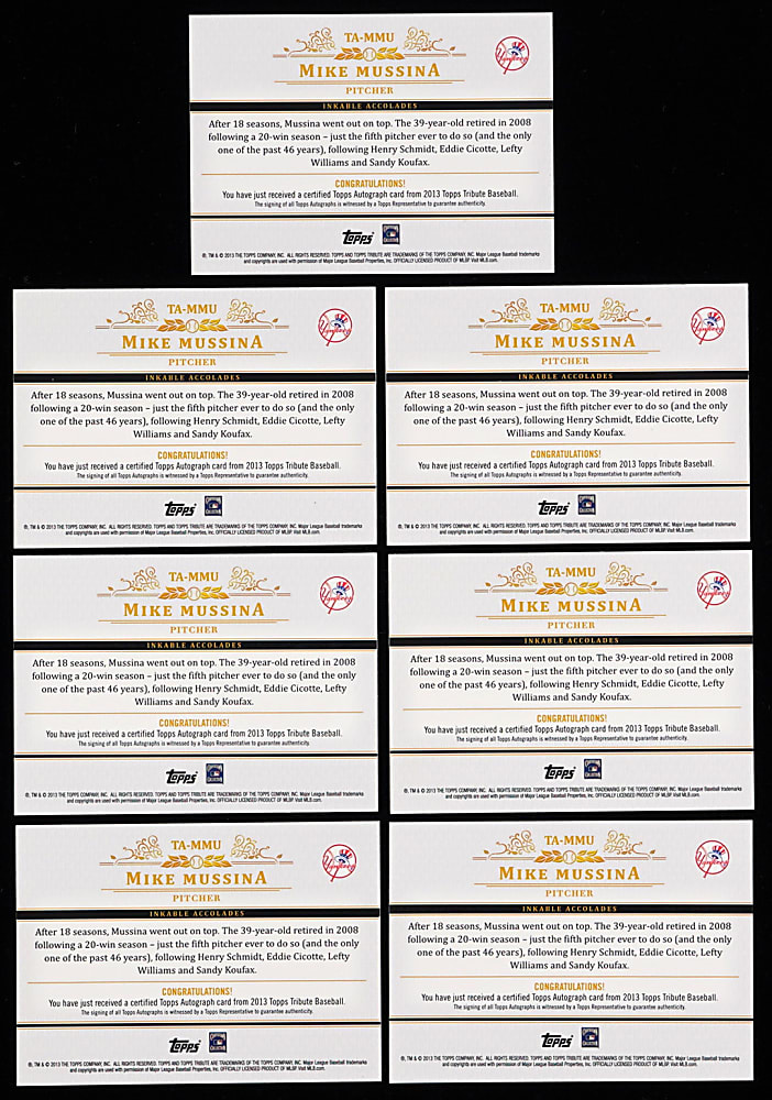 2013 Topps Tribute Mike Mussina Certified Autograph Near Set (6/8) Plus #1/1 Printing Plate - (7) Total Cards