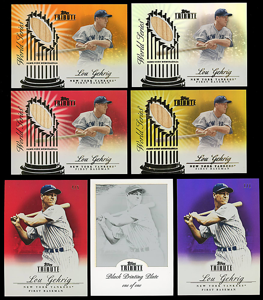 2012 Topps Tribute Lou Gehrig Collection (17) with Complete Rainbow Base Master Set (13/13) Including All (5) #1/1 Plus Near Rainbow Relic Set (4/5)