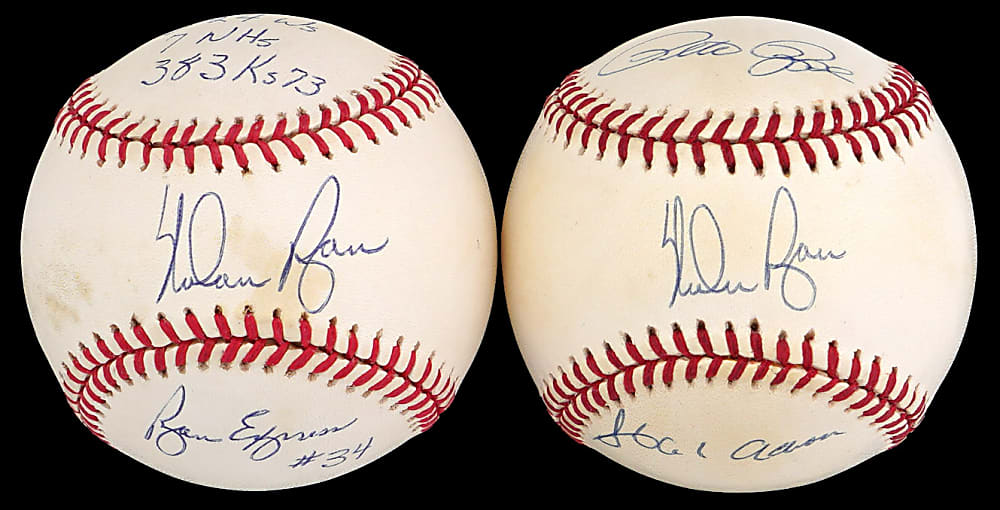 Nolan Ryan Signed Stat Ball and "The Kings" Ball Signed by Aaron, Rose & Ryan