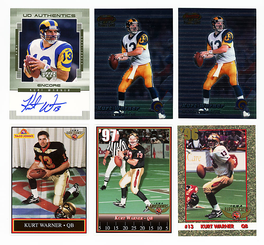 1995-2012 Kurt Warner Collection (58) with (3) Iowa Barnstormers Pre-Rookies, Rookies & Certified Autograph